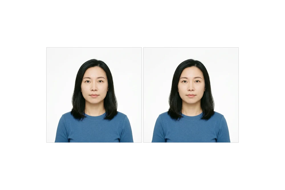 Printable 6x4 inch passport photo sheet at 600 dpi with two 2x2 inch photos and cut guides